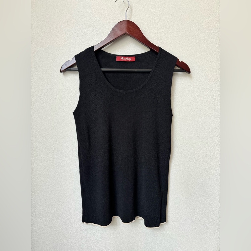 Max Mara Studio Black Ribbed Knit Tank Top | White Trim Hem | Size S